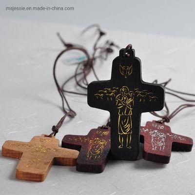 Good Shepherd Printed Wooden Crucifix Necklace