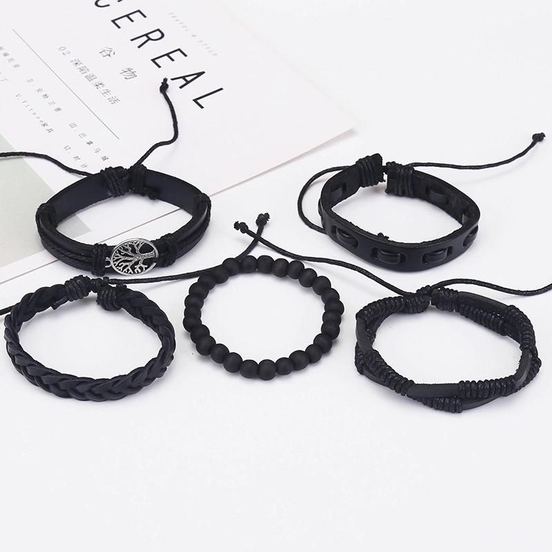 5 Piece Leather Cuff Bracelet for Men and Women Punk Rock Braided Bracelet Via Brown Black Wristband Handmade Jewelry