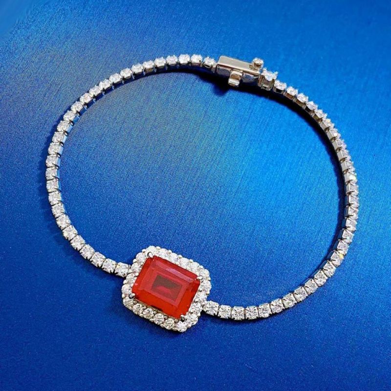 Fashion Jewelry 925 Sterling Silver Ice out Diamond Tennis Chain Big Ruby Emerald Charm Wedding Bracelet for Women Girls