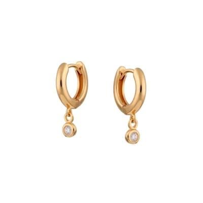 Customized Jewelry 18K Gold Plated 925 Silver Dainty Huggie Bezel Round CZ Drop Hoop Earrings