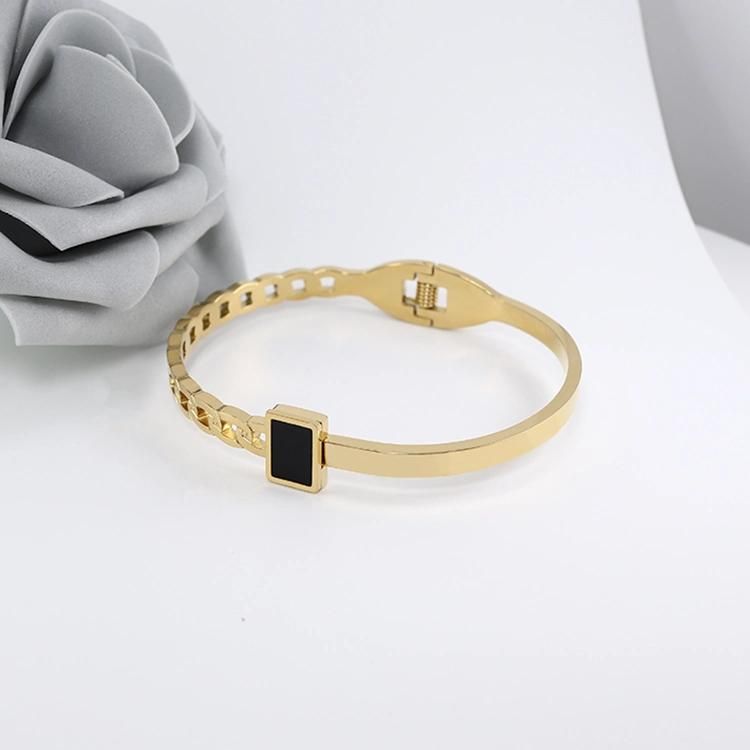 Fashion Custom Chain Black Arylic Square with Ring Set Women PVD 18K Gold Plated Trendy Dainty Bracelets Bangles Stainless Steel Jewelry
