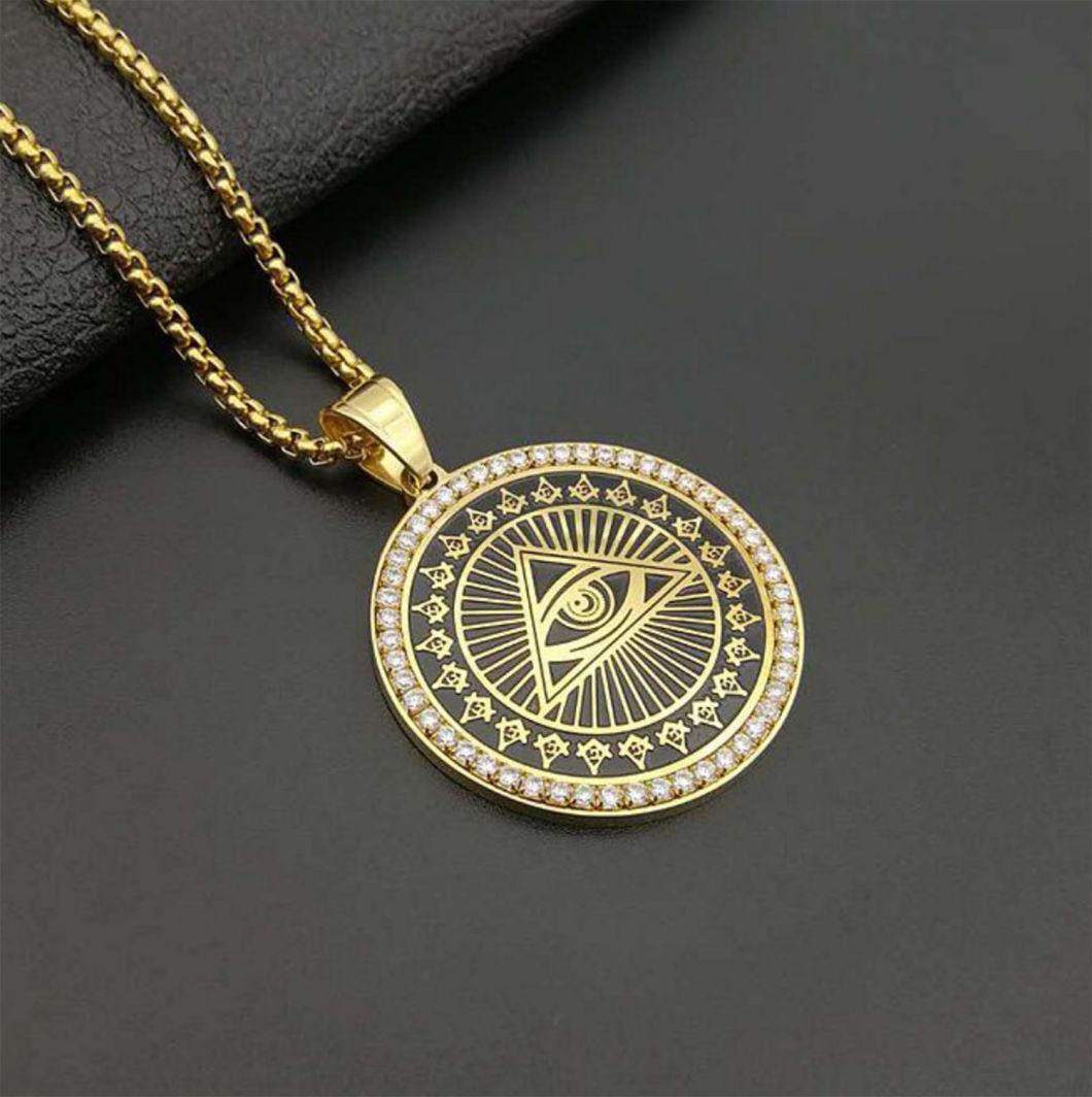 Hip-Hop Hiphop Tide Brand Titanium Steel Gold-Plated Diamonds God′s Eye AG Masonic Pendant for Men and Women Spt2621