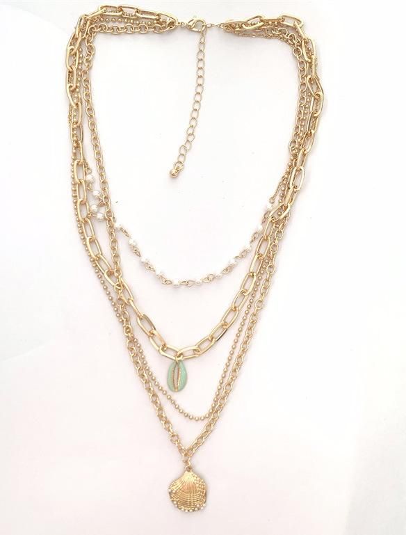 Manufacture 4 Layered 18K Gold Plated Jewelry Fashion Green Enamel Shell Shape Pendant Pearl Necklace for Ladies