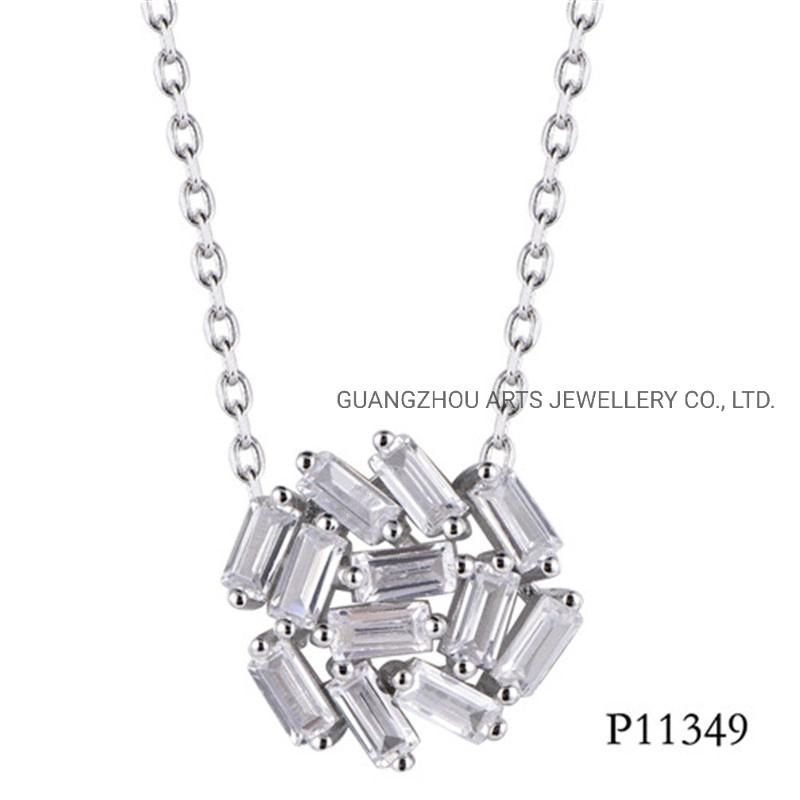Baguette Cut White Czs Ball Shaped Silver Pendant Necklace