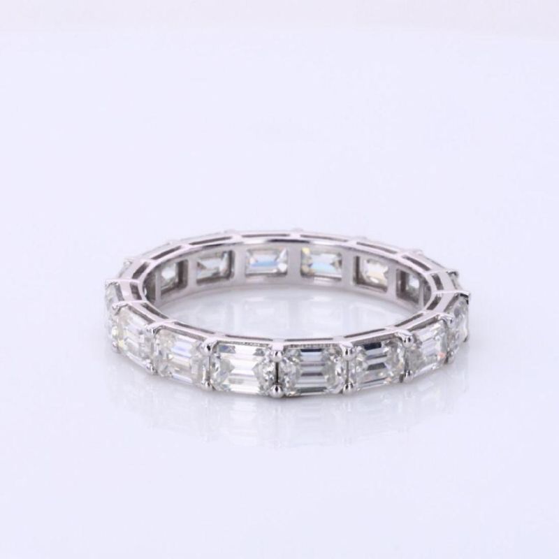 Rectangle Shape Moissanite Emerald Cut Full Eternity White Gold Plated Moissanite Ring