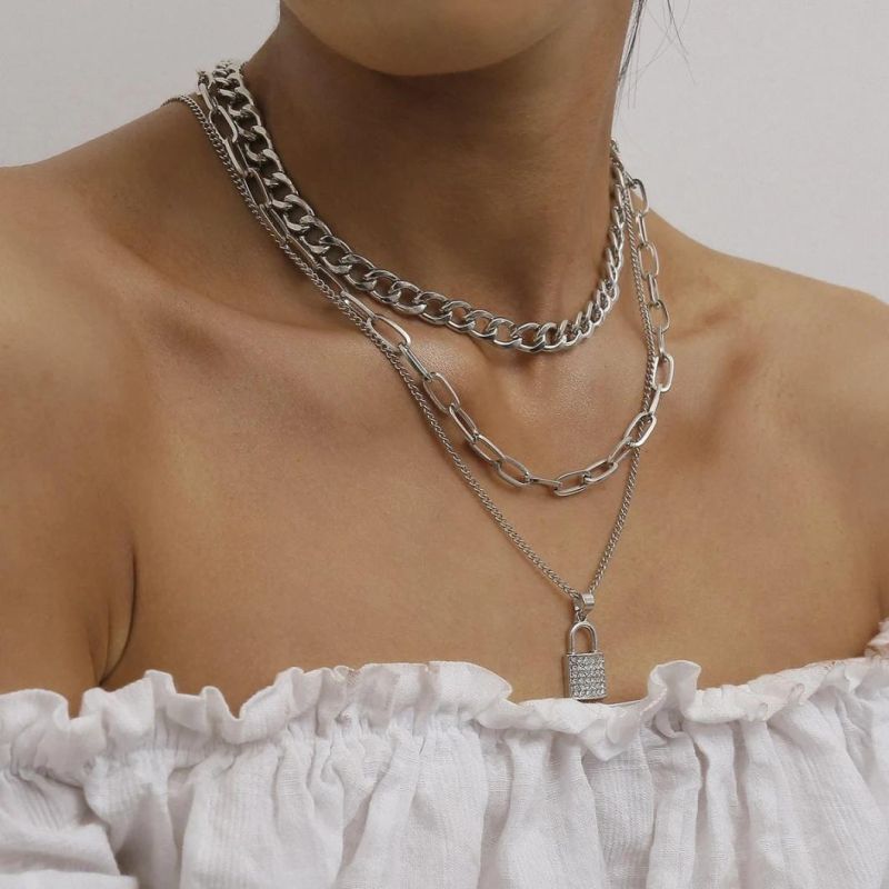 Dainty Personalized Versatile Designer Cuban Chain Micro Inlaid Lock Shaped Zircon Multi-Layer Necklace Women