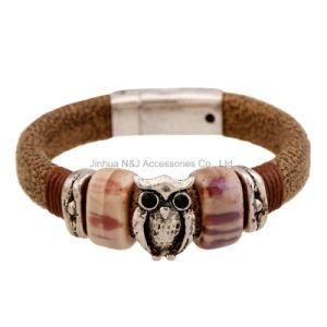Men&prime;s Punk Owl Leather Bracelet Retro Hand-Woven Wristband