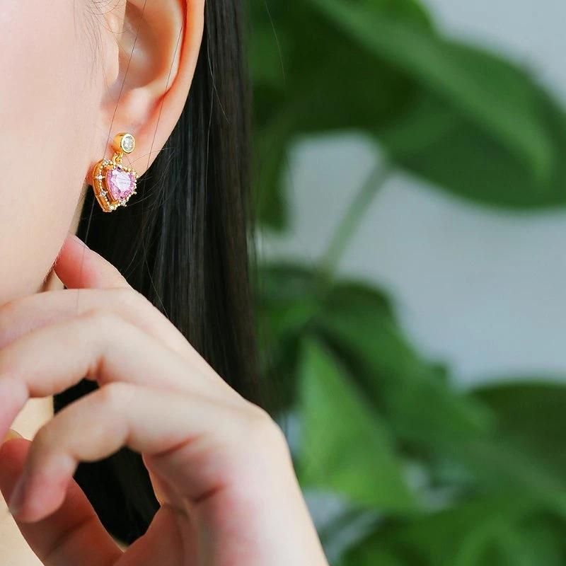 Trendy Pink Zircon 18K Gold Plated CZ Heart Stud Earrings