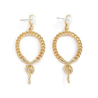 Fashion Metal Chain Snake Earrings Retro Fashion Geometric Circle Imitation Pearl Earrings