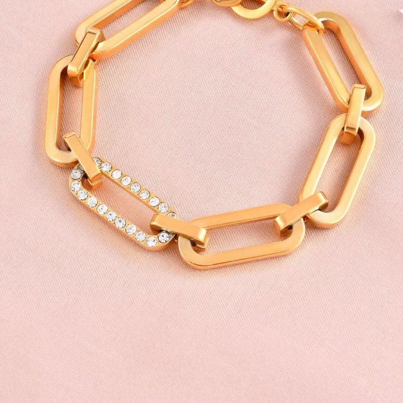 Gold Plated Not Allergic Thick Paper Clip Bracelet with Zircon Stone/ Crystal for Ladies Women