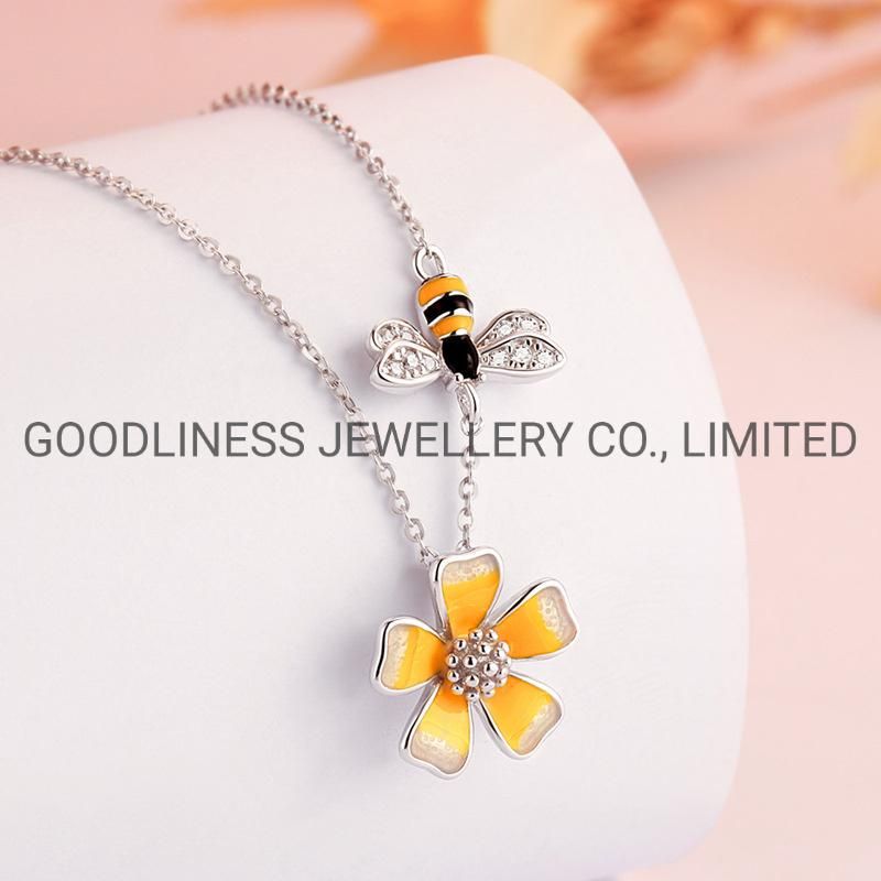 925 Silver Fine Women Jewelry Enemel Bee&Flower Pendant Necklace