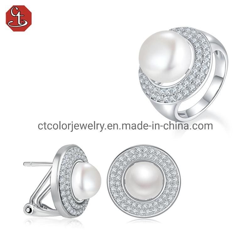 Fashion jewelry 925 silver nature pearl white CZ omega handmake black plated earrings