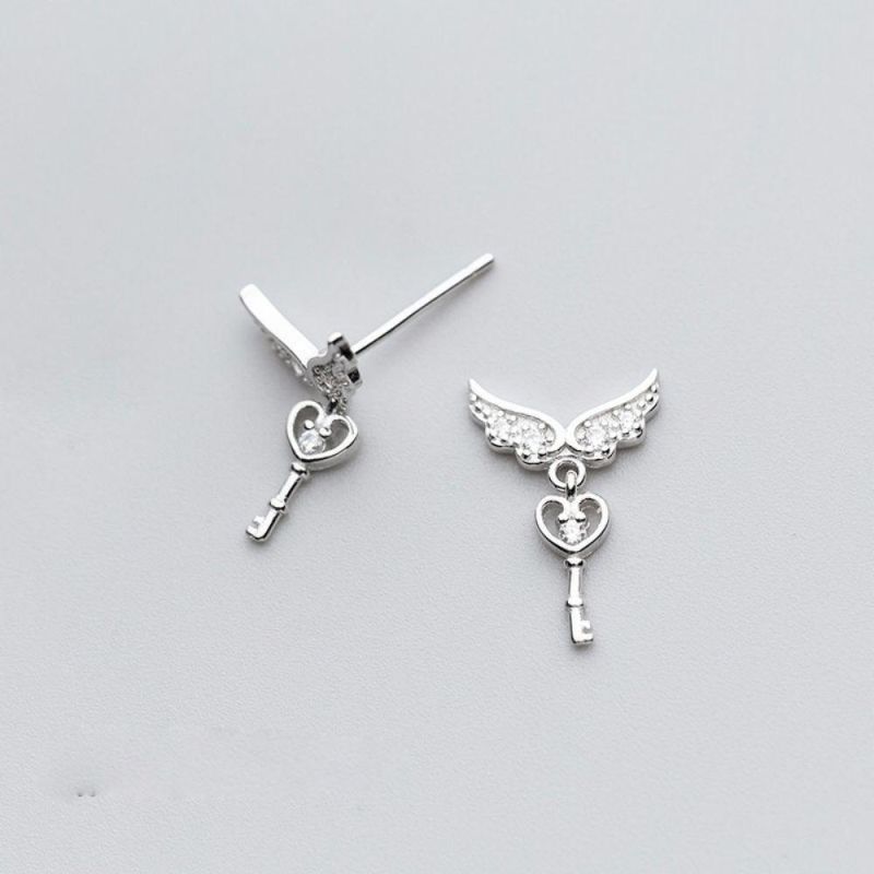 Real 925 Sterling Silver Earring Fashion Angle Wings Key Zircon Stud Earrings for Women Personality Jewelry Gift
