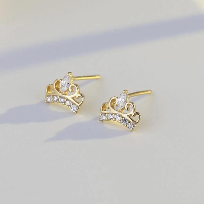 Simple Zircon Crown Stud Earrings Real 925 Sterling Silver for Women Classic Temperament Girls Jewelry Gift