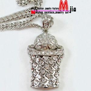 Men Bling Large Silver Hip Hop Iced out Basket Ball CZ Pendant with 36&quot; Chain (MJ93)