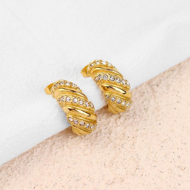 Stainless Steel Jewelry 18K Gold Plated Diamond Gong Hoop Earrings