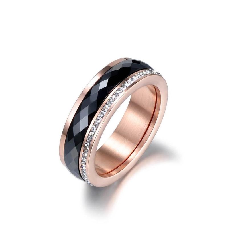 Black Ceramic Ring with Rose Gold Metal Parts and Zircon Stone