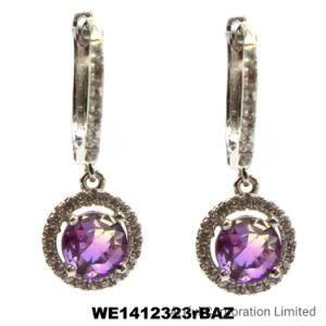 925 Silver Hoop Earring with Purple Stone in Rhodium Plating