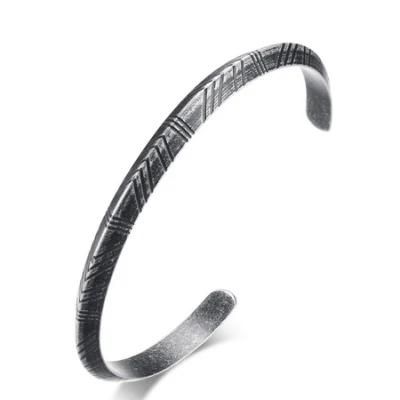 6mm Retro Grey Tide Fashion Jewelry, Stainless Steel Open Bracelet with Mysterious Pattern