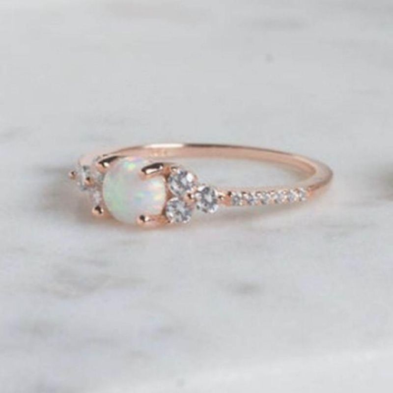 925 Sterling Silver 14K Gold Plated Synthetic Round White Fire Opal Three Stone Dainty Diamond Rings