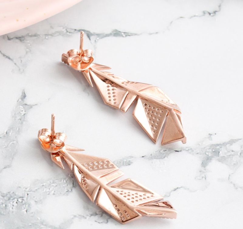 High Quality Rose Gold Plated 925 Sterling Silver Feather Design Cubic Zircon Fashion Accessories Factory Wholesale Fine Earrings