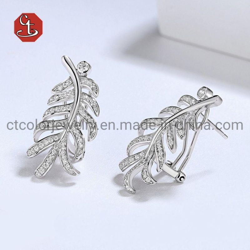 Trendy 925 Sterling Silver CZ Pave Long Feather Dangle Earring Jewelry