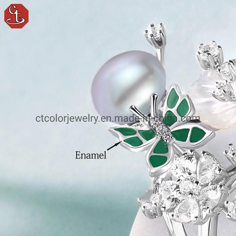 Hot sale jewelry white CZ green enamel mop flower ring for women