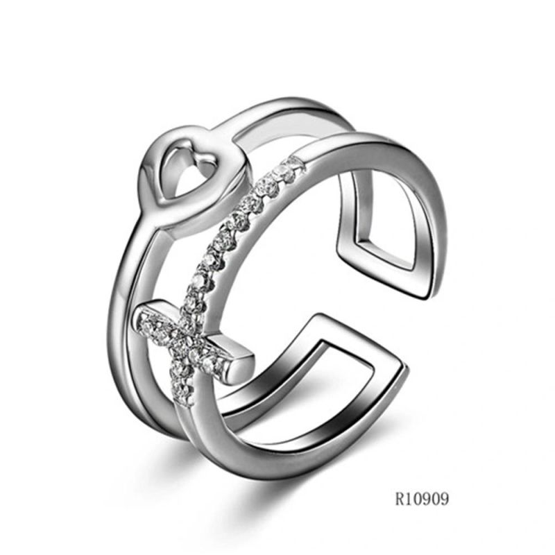 Double-Layer Heart Silver with CZ Open Ring