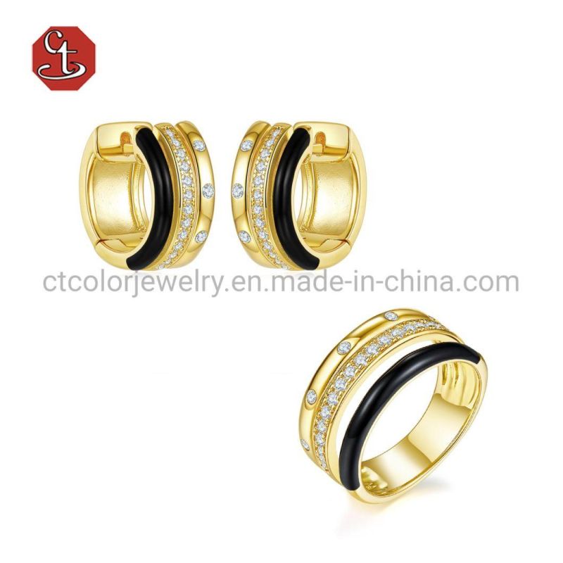 Cubic Zircon Black Enamel Silver or Brass Ring Gold Color Custom Enamel Jewelry