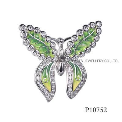 Green Enamel Painted Butterfly with Cubic Zircons Silver Pendant
