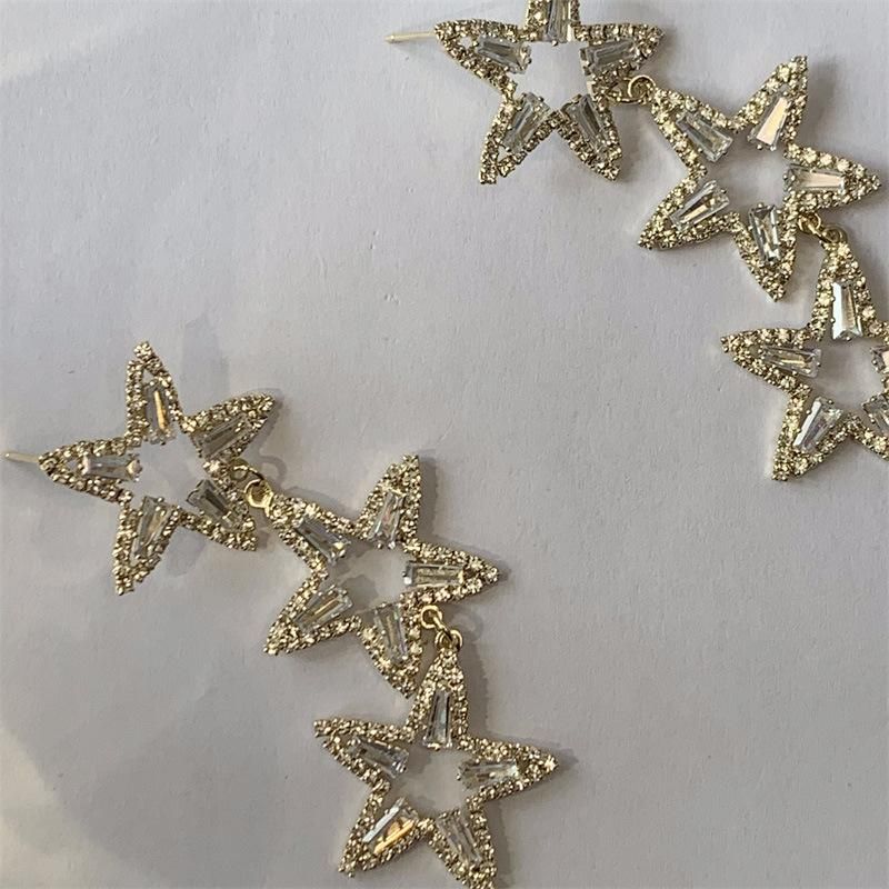 Customized 2022 New European Style Trendy Long 3 Drop Dangle Cubic Zircon Ladies Star Earrings for Women
