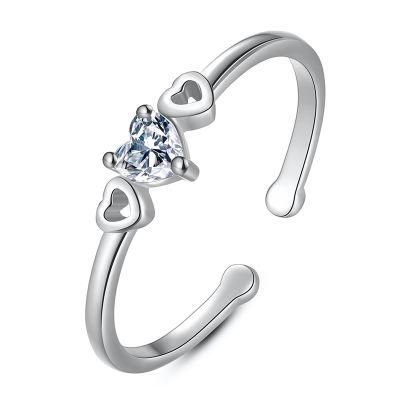 Real 925 Sterling Silver Ring Lovely Heart Zircon Exquisite Adjustable Ring for Women Wedding Girls Jewelry Gift