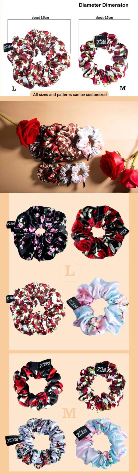 Wholesale Custom Printed Polyester Standard Shape Hair Scrunchies