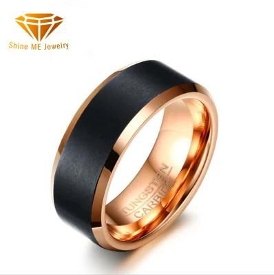 Factory Wholesale Tungsten Gold Ring 8mm Tungsten Steel Ring Black + Rose Gold Men&prime;s Jewelry Ring Tst8253