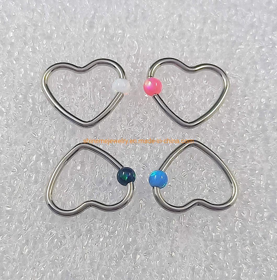 Heart-Shaped Stainless Steel 3mm Opal Ball Closed Ring Nipple Ring Nose Ring Earring Piercing Jewelry Ssp050