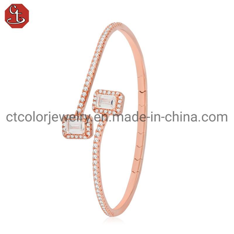 Wholesale 925 Sterling Silver Fashion Jewelry cz pave Step cut Free size Adjustable spring open Rose Gold plated Bracelet Bangle