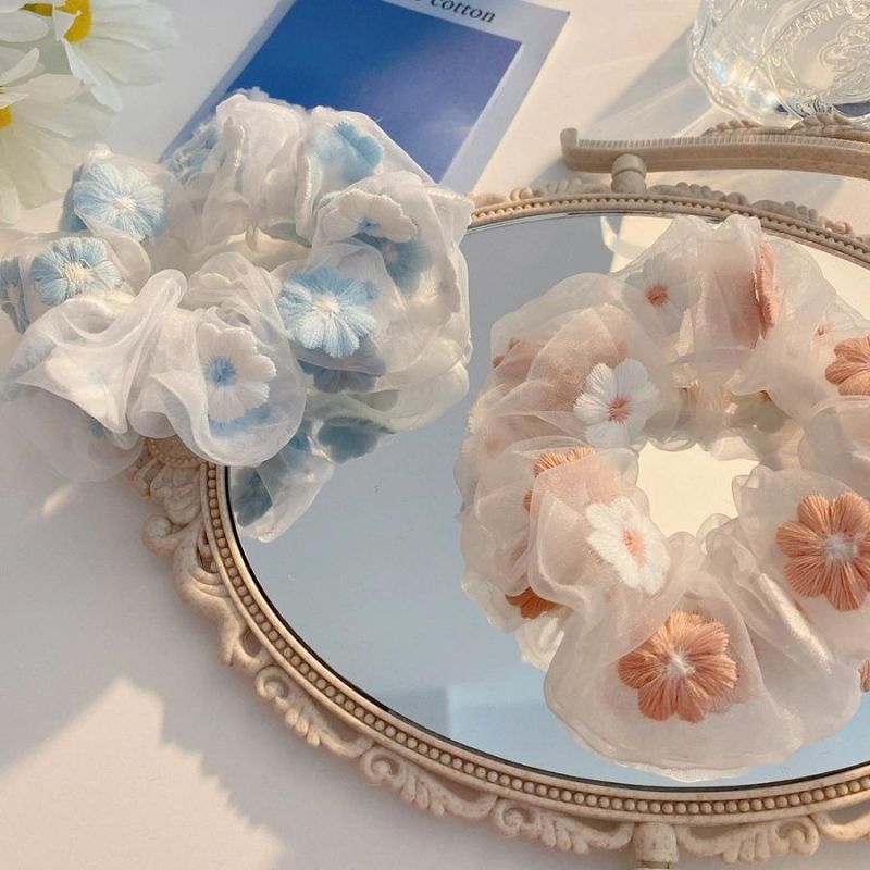 Fashion Hair Accessories Embroidered Floral Hair Rings Organza Hair Rope
