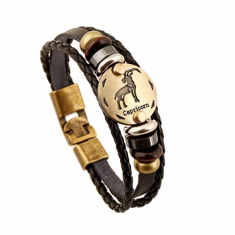 Bronze Alloy Buckles Zodiac Signs Punk Bracelets & Bangles Mens Leather Bracelets