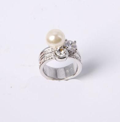 Fashion Jewelry Ring Rhodium Plated with Rhinestone CZ Stone and Acrylic Pearl