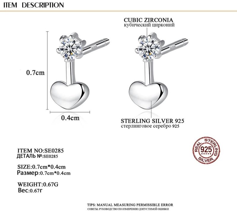Silver Jewelry Earrings Small Heart with 5A Cubic Zirconia