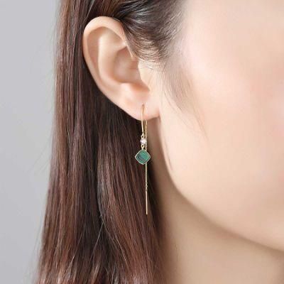 European Fashion 14K Gold Style Long Drop Earrings Dark Green Jewelry