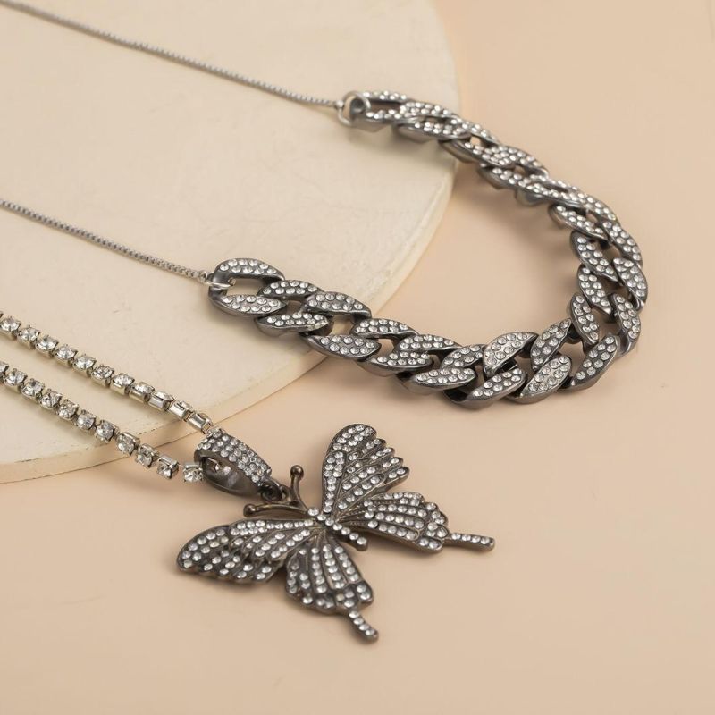 Jewelry Wholesale Personalized Vintage Set Diamond Cuban Chain Big Butterfly Necklace Girl
