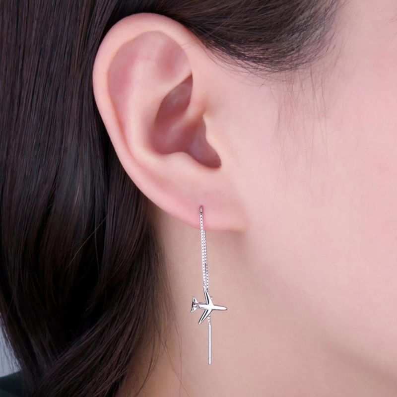 925 Sterling Silver Earrings Asymmetric Airplane Thread Earrings Stud Plain Jewelry Wholesale