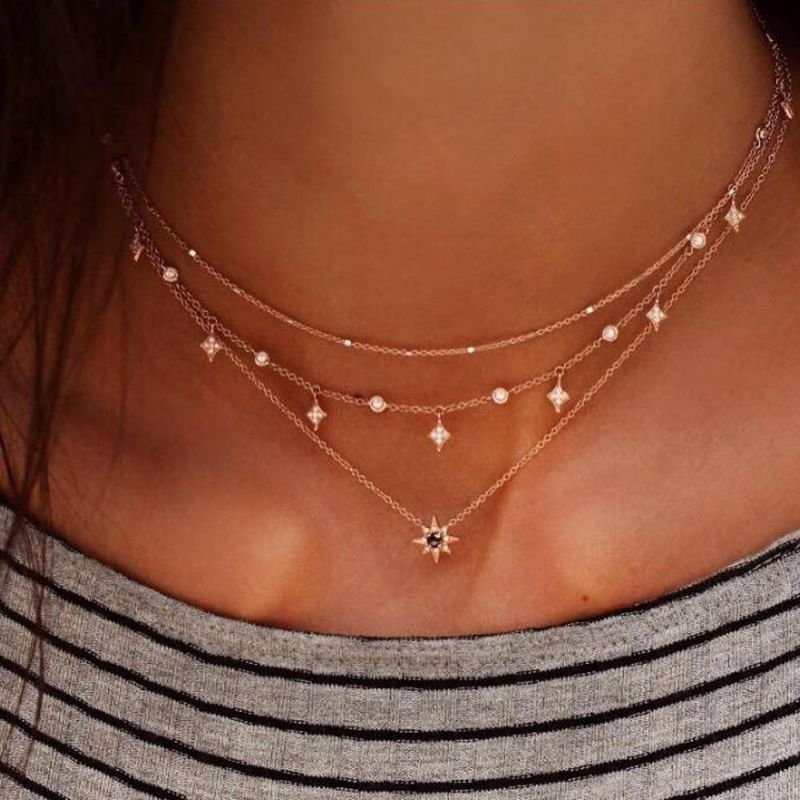 Simple Women Multi Layer Choker Long Necklace with Star Charm