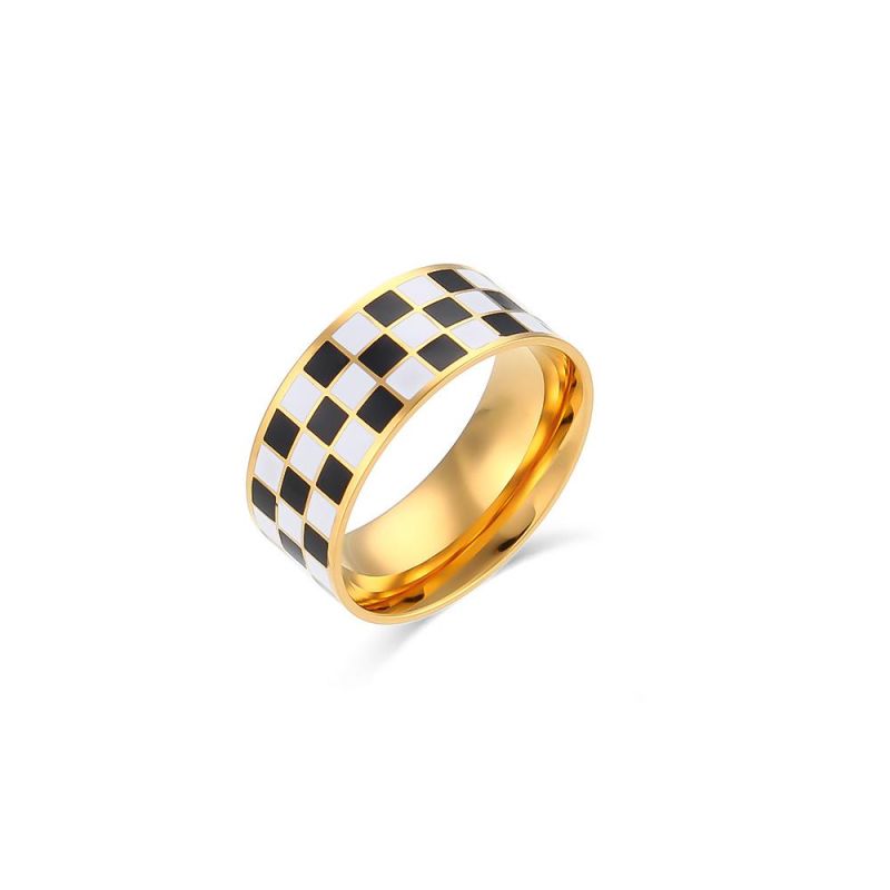 Factory Customized Wholesale Customized Matte Fashion Jewelry Stainless Steel Waterproof 18K Gold-Plated Enamel Black-and-White Checkerboard Ring