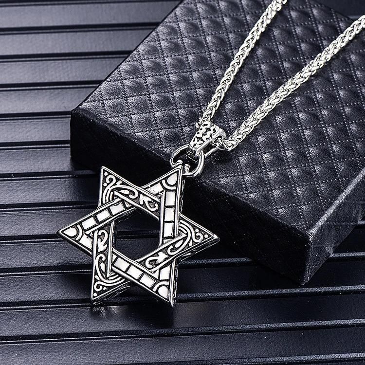 Wholesale Titanium Steel Hexagonal Star Men′ S Necklace Punk Trendy Men′ S Custom Pendant