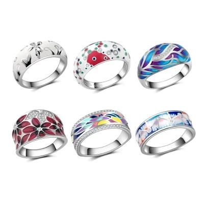 Silver 925 Rings for Women Colorful Enamel Flowers Geometric Connection Zircon Finger Ring Jewelry Sets Fashion Female