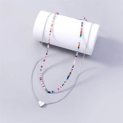 2 Rows Romantic Fashion Gold Plated Wheat Chain Necklace Colorful Seed Bead Necklace for Women Girls Fashion Choker Necklace