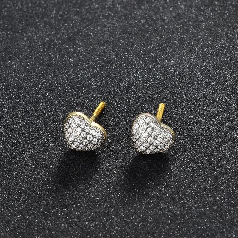 Fashion Hiphop Jewelry Diamond 925 Sterling Silver 14K Gold Plated Heart Shape Earrings