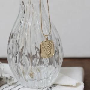 18K Gold Snake Bone Chain Carving Rose Flower Square Frosted Pendant Necklace